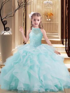 Beauteous Light Blue Ball Gowns Beading and Ruffles Pageant Gowns For Girls Lace Up Tulle Sleeveless