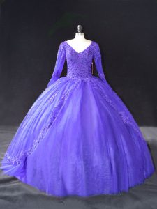 Purple Ball Gowns Tulle V-neck Long Sleeves Lace and Appliques Floor Length Lace Up Ball Gown Prom Dress