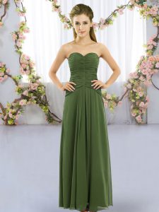 Artistic Dark Green Empire Sweetheart Sleeveless Chiffon Floor Length Lace Up Ruching Dama Dress for Quinceanera