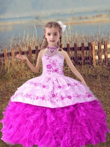 Sleeveless Organza Floor Length Lace Up Little Girl Pageant Dress in Lilac with Beading and Embroidery and Ruffles