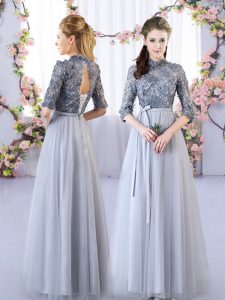 High-neck Half Sleeves Lace Up Court Dresses for Sweet 16 Grey Tulle