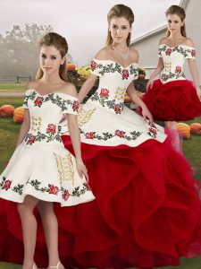 White And Red Ball Gowns Tulle Off The Shoulder Sleeveless Embroidery and Ruffles Floor Length Lace Up 15th Birthday Dress