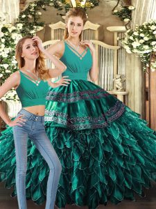 Turquoise Sleeveless Appliques and Ruffles Floor Length Quinceanera Dress