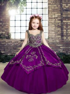 Ball Gowns Child Pageant Dress Eggplant Purple and Purple Straps Tulle Sleeveless Floor Length Lace Up