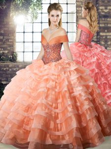 Attractive Sleeveless Brush Train Beading and Ruffled Layers Lace Up Sweet 16 Dress