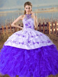 Spectacular Blue Ball Gowns Halter Top Sleeveless Organza Court Train Lace Up Embroidery and Ruffles Quinceanera Dresses