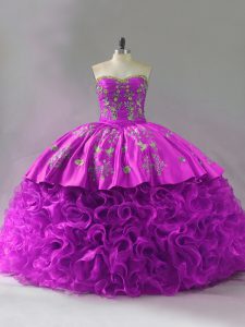 Adorable Beading and Embroidery and Ruffles Quinceanera Gowns Fuchsia Lace Up Sleeveless Brush Train