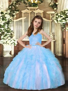 Beautiful Straps Sleeveless Tulle Pageant Gowns For Girls Ruffles Lace Up