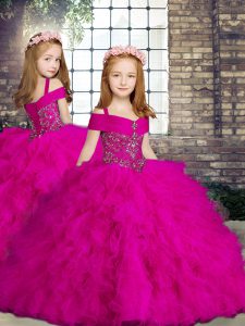Exquisite Tulle Straps Sleeveless Lace Up Beading and Ruffles Little Girl Pageant Dress in Fuchsia