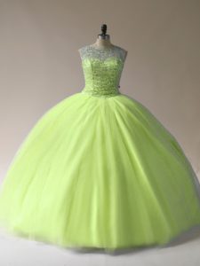 Yellow Green Ball Gowns Beading Vestidos de Quinceanera Lace Up Tulle Sleeveless Floor Length