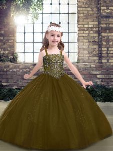 Attractive Brown Lace Up Straps Beading Kids Pageant Dress Tulle Sleeveless