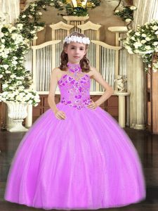 Lilac Tulle Lace Up Halter Top Sleeveless Floor Length Pageant Gowns For Girls Appliques