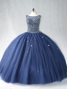 Fashion Navy Blue Ball Gowns Tulle Scoop Sleeveless Beading Zipper Sweet 16 Dresses