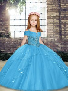 Straps Sleeveless Tulle Kids Formal Wear Beading Lace Up