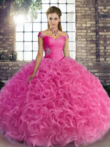 Elegant Floor Length Rose Pink Quinceanera Gown Fabric With Rolling Flowers Sleeveless Beading