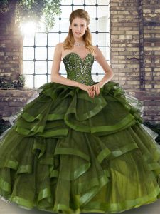Great Olive Green Sweet 16 Quinceanera Dress Military Ball and Sweet 16 and Quinceanera with Beading and Ruffles Sweetheart Sleeveless Lace Up