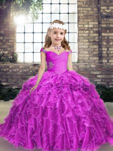 Cute Straps Sleeveless Kids Pageant Dress Floor Length Beading and Ruffles Fuchsia Organza