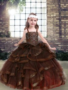 Simple Brown Ball Gowns Beading and Ruffles Kids Formal Wear Lace Up Tulle Sleeveless Floor Length