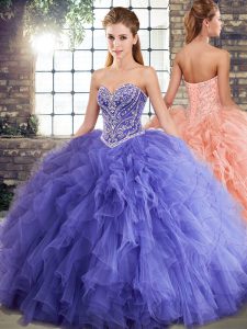 Fashion Sleeveless Floor Length Beading and Ruffles Lace Up 15 Quinceanera Dress with Lavender
