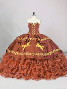 Sweetheart Sleeveless Sweet 16 Quinceanera Dress Brush Train Embroidery and Ruffled Layers Brown Satin and Organza