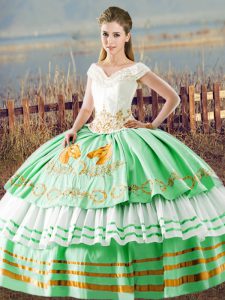 Colorful Sleeveless Lace Up Floor Length Embroidery and Ruffled Layers 15 Quinceanera Dress