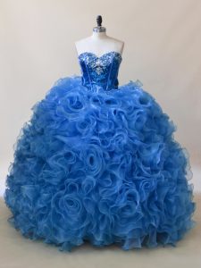 Superior Blue Sleeveless Floor Length Ruffles and Sequins Lace Up Quince Ball Gowns