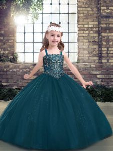 Floor Length Ball Gowns Long Sleeves Teal Kids Pageant Dress Lace Up