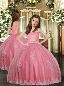 Sleeveless Floor Length Appliques Lace Up Little Girls Pageant Dress with Watermelon Red