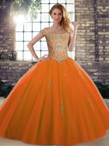 Orange Red Ball Gowns Beading Sweet 16 Dress Lace Up Tulle Sleeveless Floor Length
