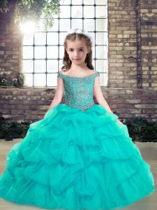 Aqua Blue Organza Lace Up Off The Shoulder Sleeveless Floor Length Little Girl Pageant Dress Beading and Ruffles