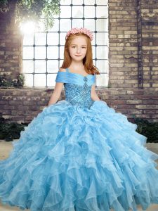 Blue Ball Gowns Beading and Ruffles Little Girl Pageant Dress Lace Up Organza Sleeveless Floor Length