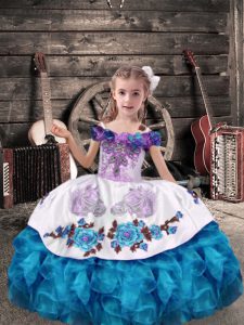 Aqua Blue Organza Lace Up Little Girls Pageant Dress Sleeveless Floor Length Beading and Embroidery and Ruffles