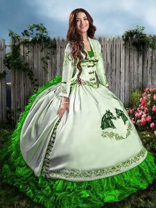 Flare Sleeveless Organza Floor Length Lace Up Ball Gown Prom Dress in Green with Embroidery and Ruffles