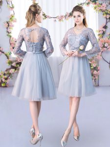 Inexpensive Long Sleeves Tulle Knee Length Lace Up Court Dresses for Sweet 16 in Grey with Lace and Belt