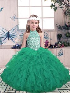 Green Ball Gowns Beading and Ruffles Kids Pageant Dress Lace Up Tulle Sleeveless Floor Length