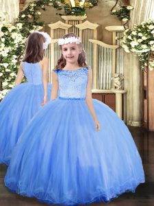 Blue Sleeveless Lace Floor Length Pageant Gowns For Girls