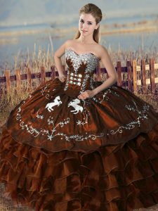Brown Quince Ball Gowns Sweet 16 and Quinceanera with Embroidery and Ruffles Sweetheart Sleeveless Lace Up