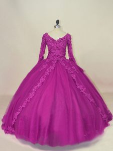 V-neck Long Sleeves 15th Birthday Dress Floor Length Lace and Appliques Fuchsia Tulle