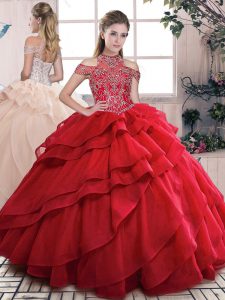 Sleeveless Organza Floor Length Lace Up Quince Ball Gowns in Red with Beading and Ruffled Layers