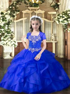 Royal Blue Straps Lace Up Beading and Ruffles Child Pageant Dress Sleeveless
