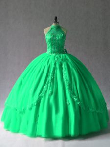 Edgy Ball Gowns 15 Quinceanera Dress Green Halter Top Lace Sleeveless Floor Length Lace Up