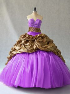 V-neck Sleeveless Organza and Printed 15th Birthday Dress Beading and Pick Ups Lace Up