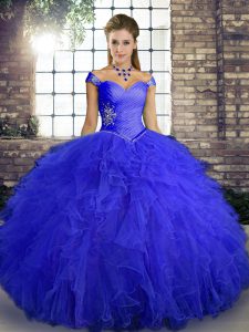 Modern Royal Blue Off The Shoulder Neckline Beading and Ruffles Quinceanera Gown Sleeveless Lace Up