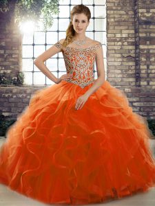 Orange Red Ball Gowns Off The Shoulder Sleeveless Tulle Brush Train Lace Up Beading and Ruffles Quinceanera Gown