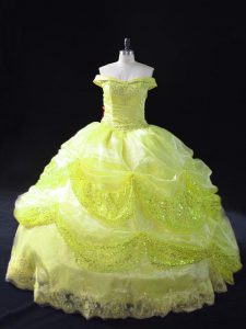 Yellow Green Ball Gowns Off The Shoulder Sleeveless Organza Floor Length Lace Up Lace and Sequins Sweet 16 Dresses