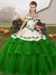 Noble Embroidery and Ruffled Layers Sweet 16 Quinceanera Dress Green Lace Up Sleeveless Brush Train