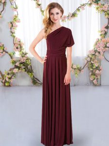 Floor Length Burgundy Quinceanera Dama Dress One Shoulder Sleeveless Criss Cross