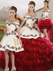 Attractive Off The Shoulder Sleeveless Quinceanera Gowns Floor Length Embroidery and Ruffled Layers Wine Red Organza