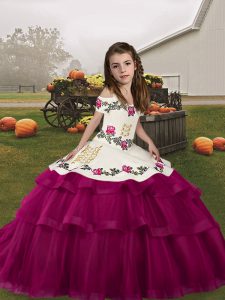 Fuchsia Pageant Gowns For Girls Party and Military Ball and Wedding Party with Embroidery and Ruffled Layers Straps Sleeveless Lace Up