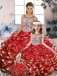 Graceful Red Lace Up Quinceanera Dress Beading and Ruffles Sleeveless Floor Length